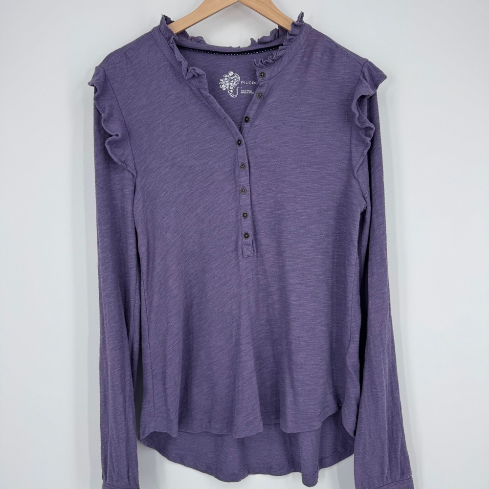 Pilcro Ruffle Trim Henley Top Womens Large Purple Slub Knit Anthropologie Boho